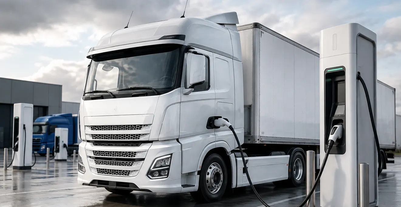 Borne de recharge rapide pour poids lourd avec câble de charge branché sur un camion électrique dans un dépôt logistique