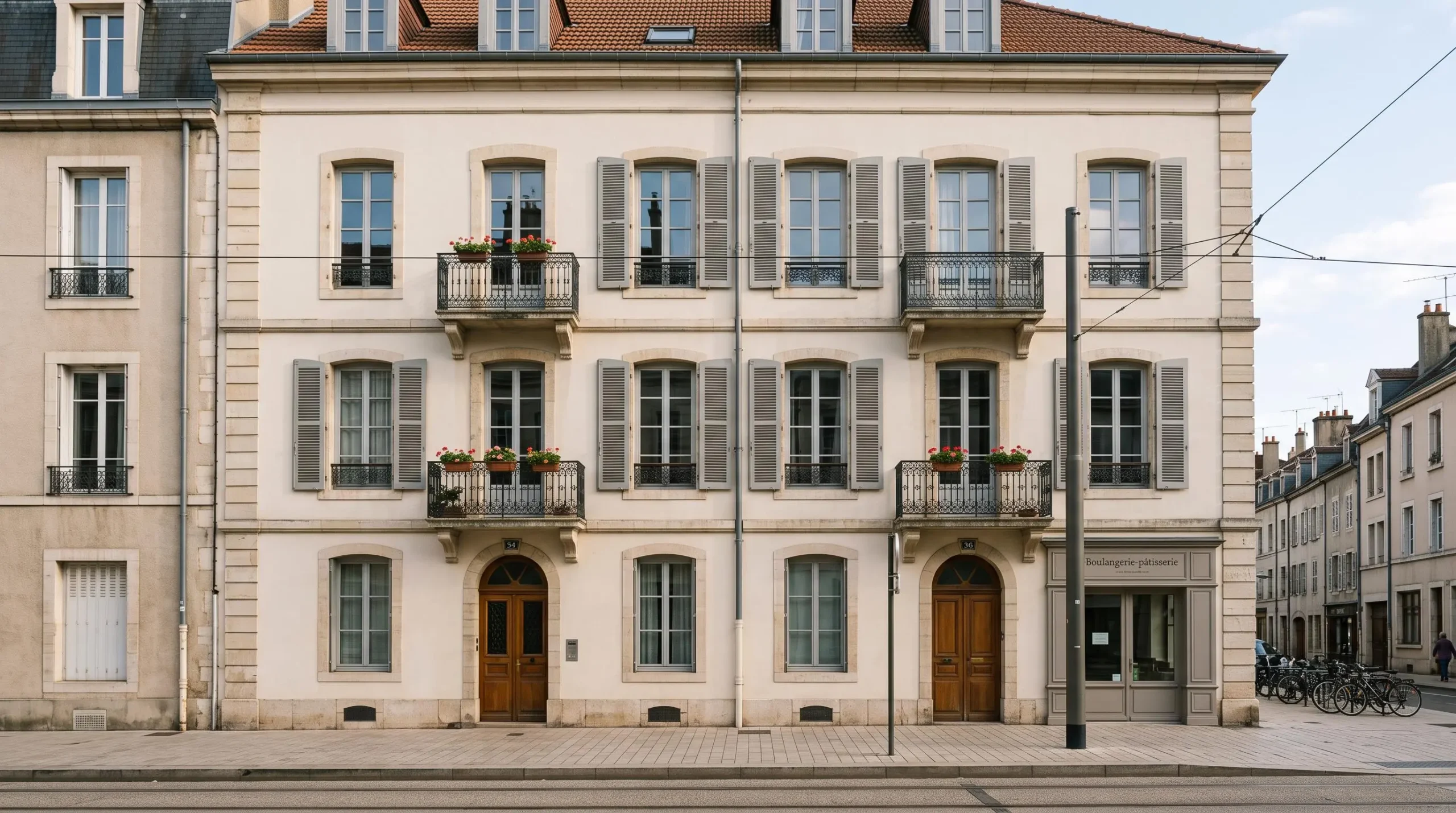 Façade d'un immeuble résidentiel dijonnais typique avec architecture bourguignonne traditionnelle et volets français