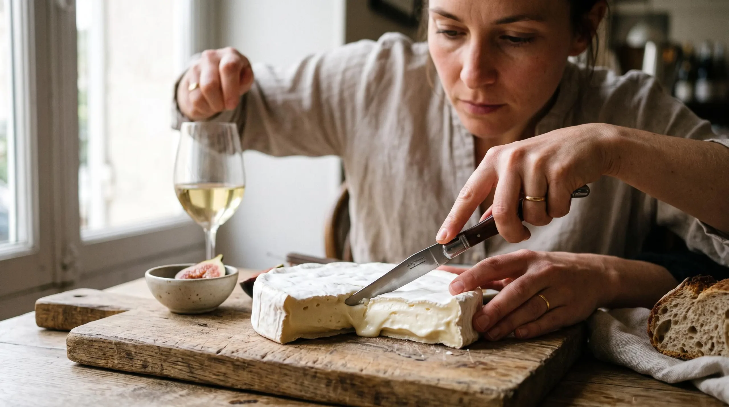 Une main coupe délicatement un fromage à pâte molle avec un couteau à fromage, un verre de vin blanc visible en arrière-plan