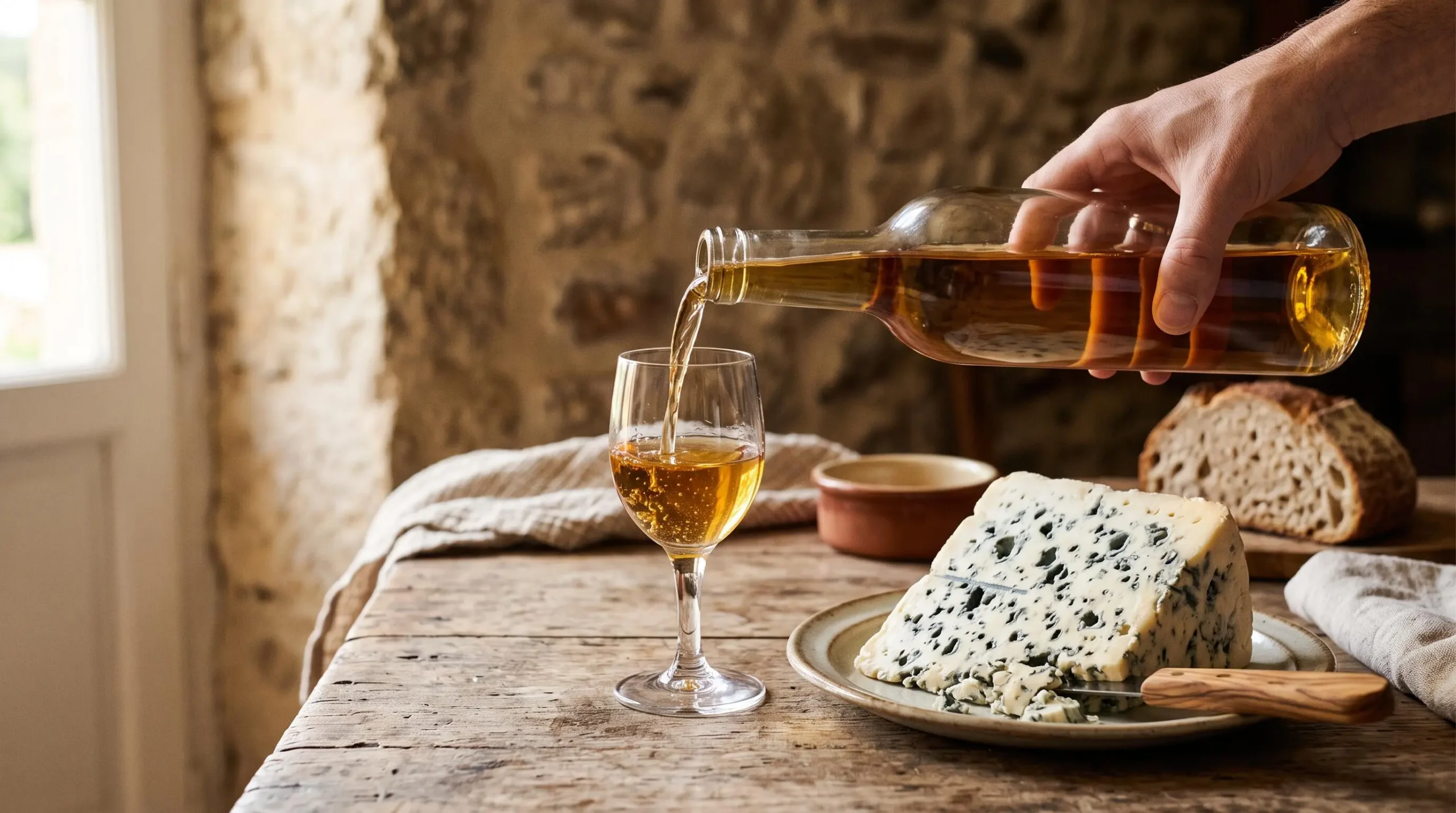 Vin doux ambré versé dans un verre à côté d'un morceau de fromage persillé bleu sur une surface en pierre