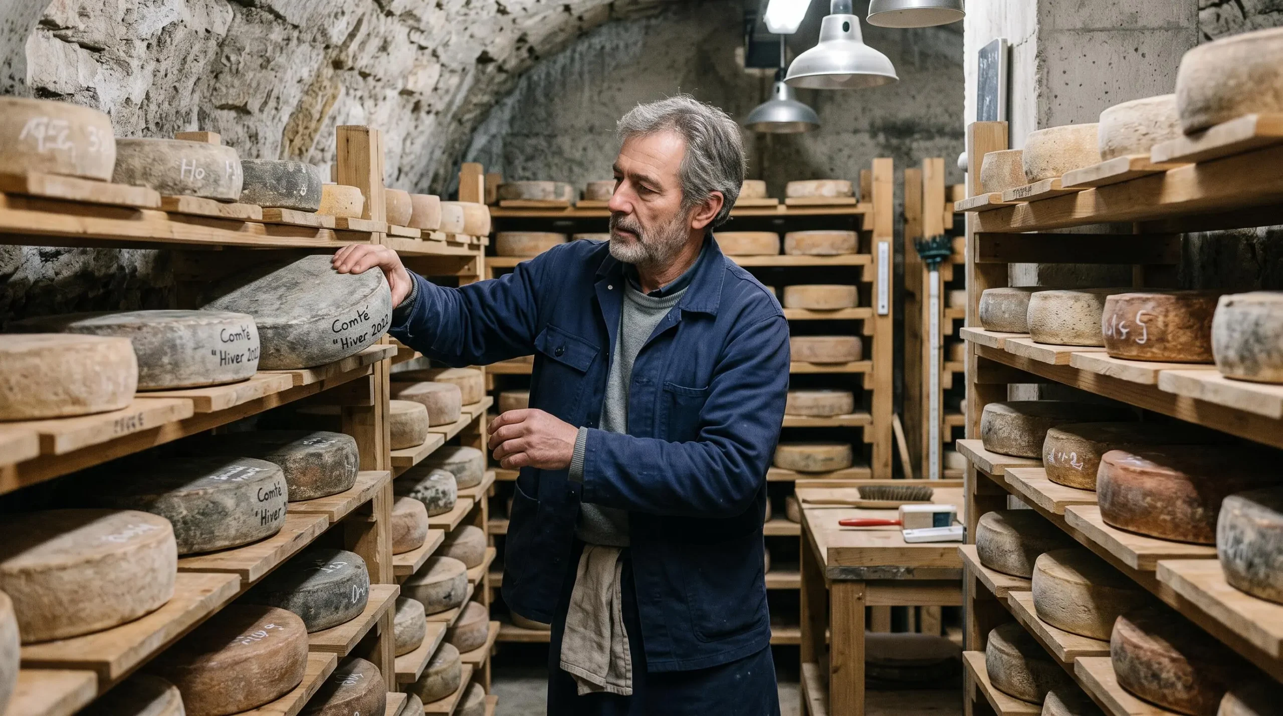 Un fromager sélectionne une meule de fromage sur des étagères en bois dans une cave d'affinage traditionnelle