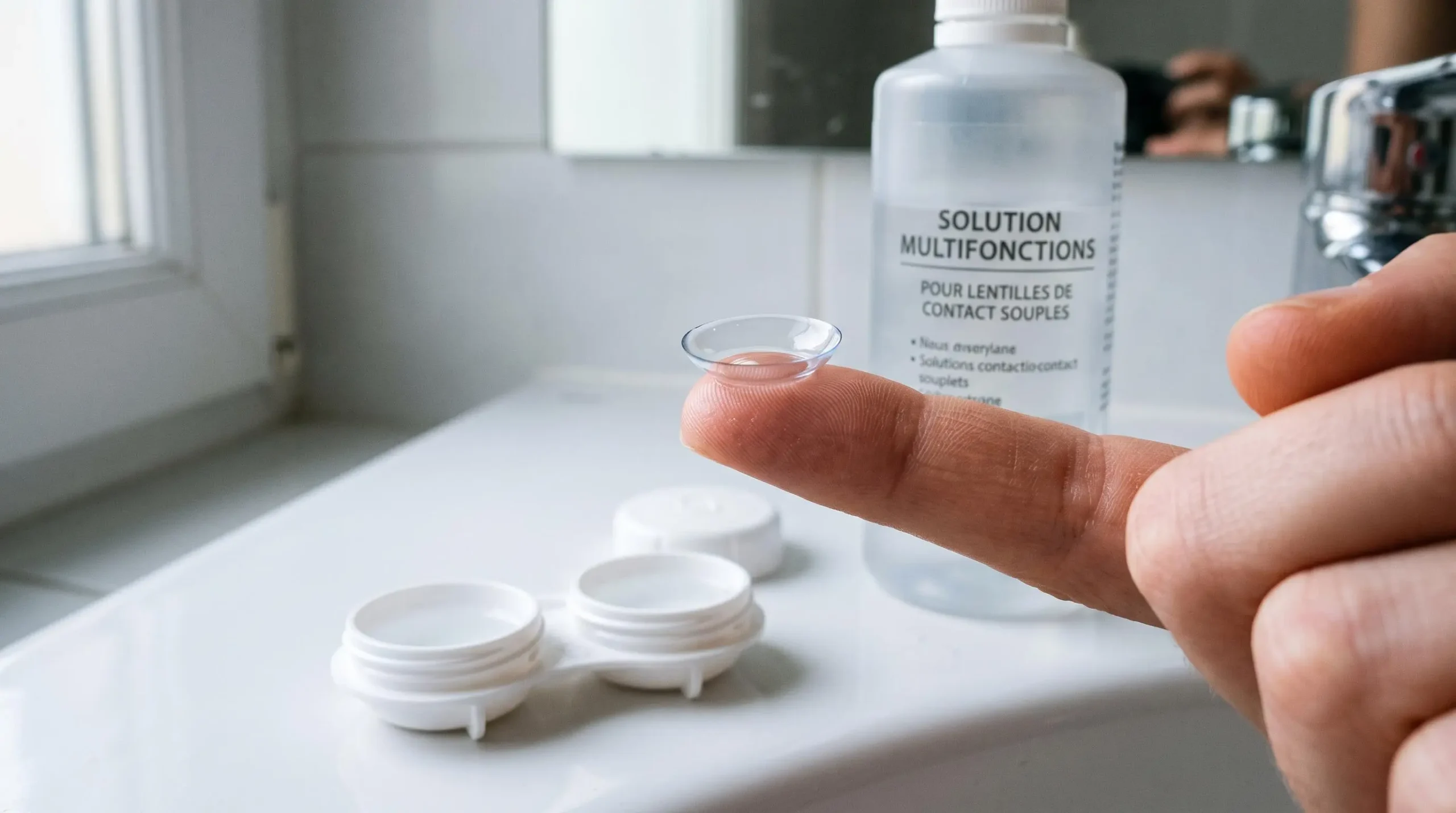 Lentille de contact souple positionnée sur un doigt au-dessus d'un étui à lentilles ouvert et d'un flacon de solution d'entretien