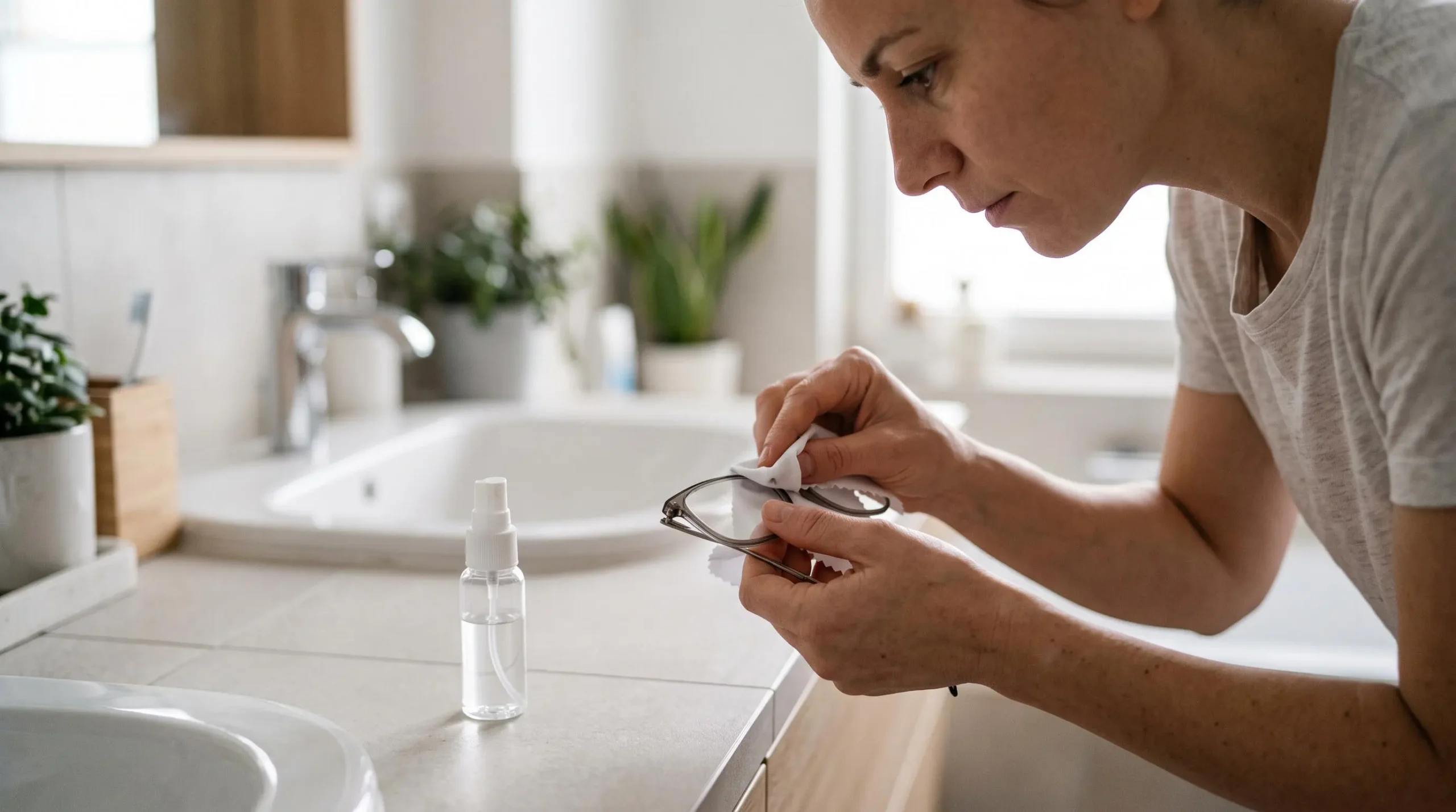 Mains d'une personne nettoyant des lunettes de vue avec un chiffon microfibre et un spray nettoyant dans une salle de bain