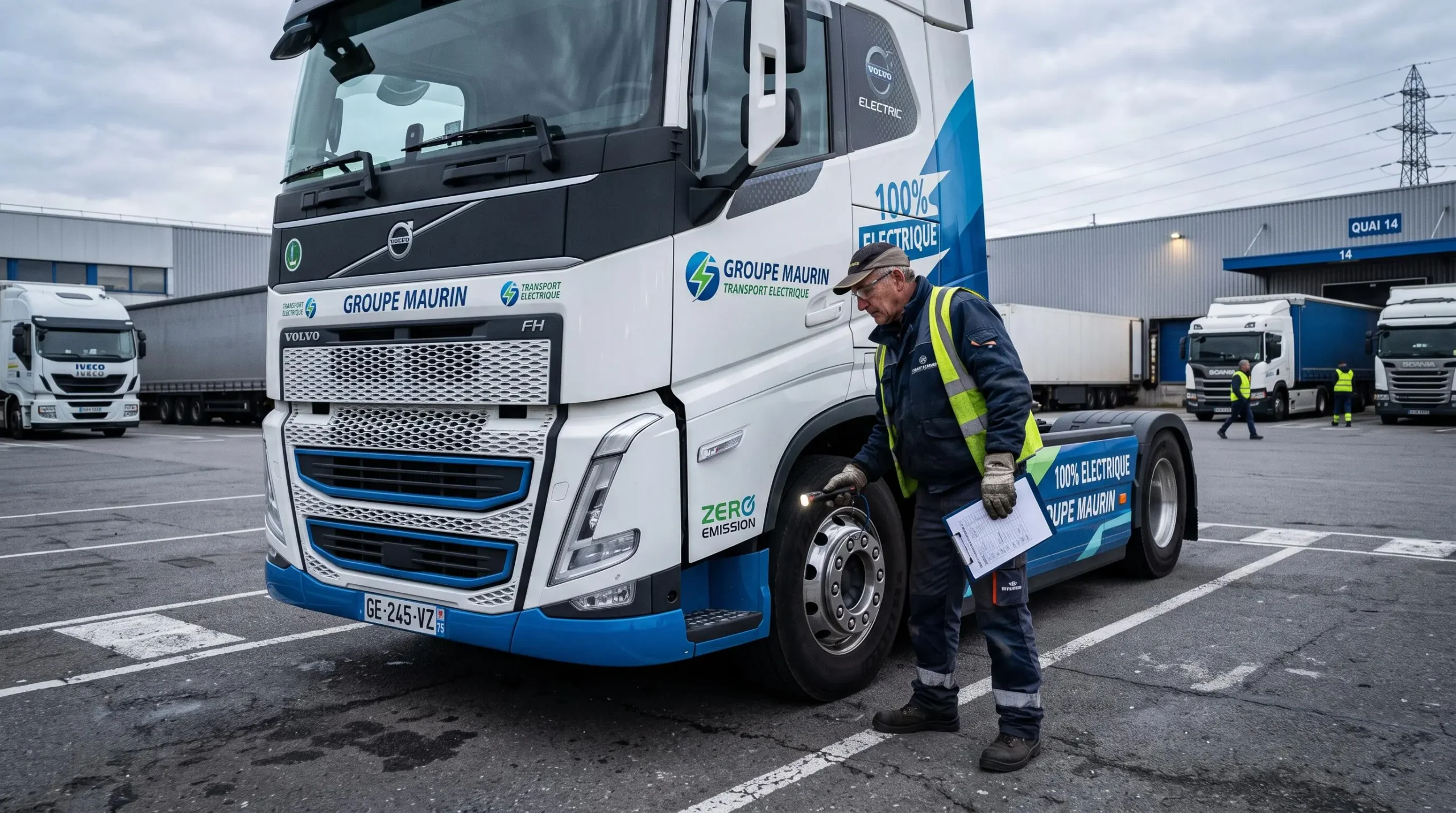 Porteur électrique de 19 tonnes stationné dans un dépôt de transport routier français, avec quais de chargement en arrière-plan