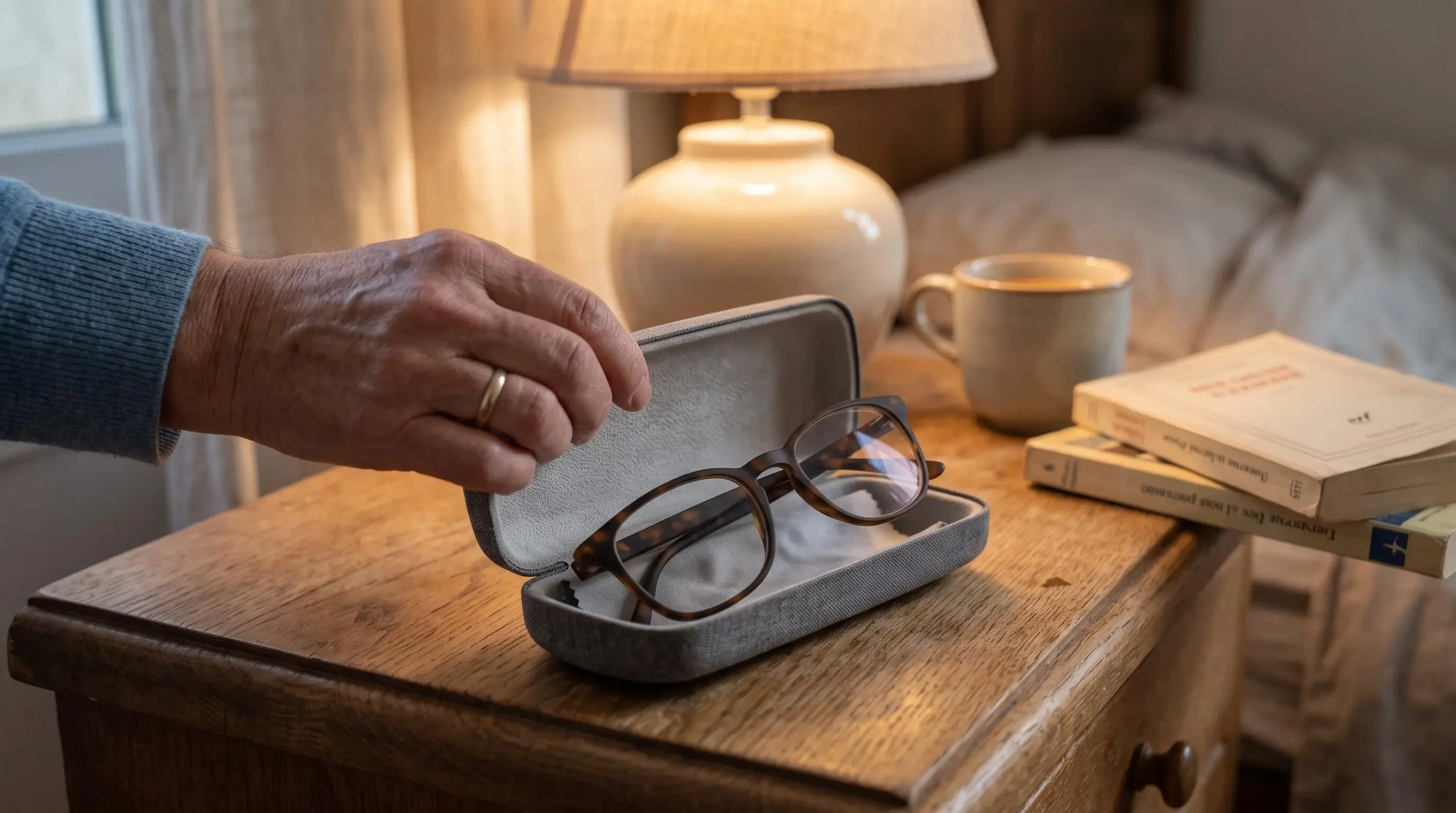 Main rangeant des lunettes de vue dans leur étui rigide de protection posé sur une table de chevet
