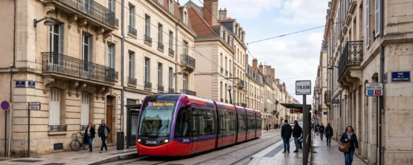 Tramway dijonnais circulant dans une rue bordée d'immeubles résidentiels typiques de l'architecture bourguignonne
