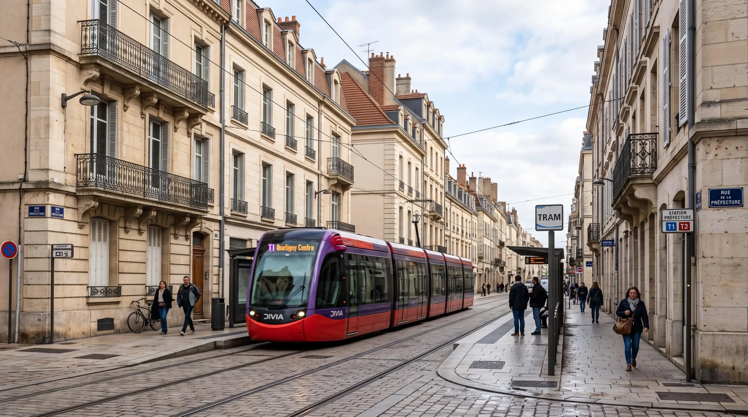 Tramway dijonnais circulant dans une rue bordée d'immeubles résidentiels typiques de l'architecture bourguignonne