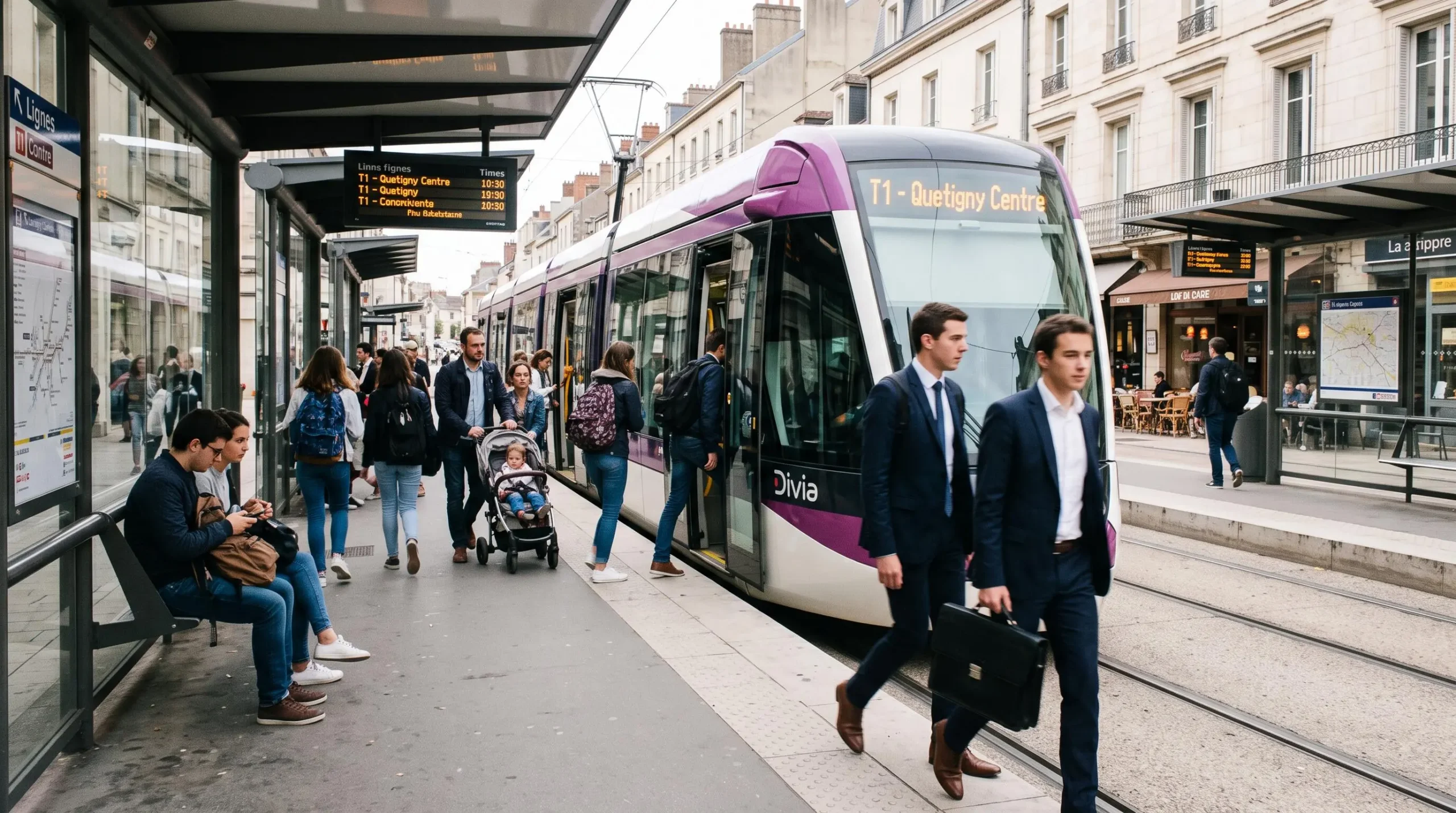 Voyageurs montant et descendant du tramway dijonnais à une station en journée avec activité quotidienne naturelle
