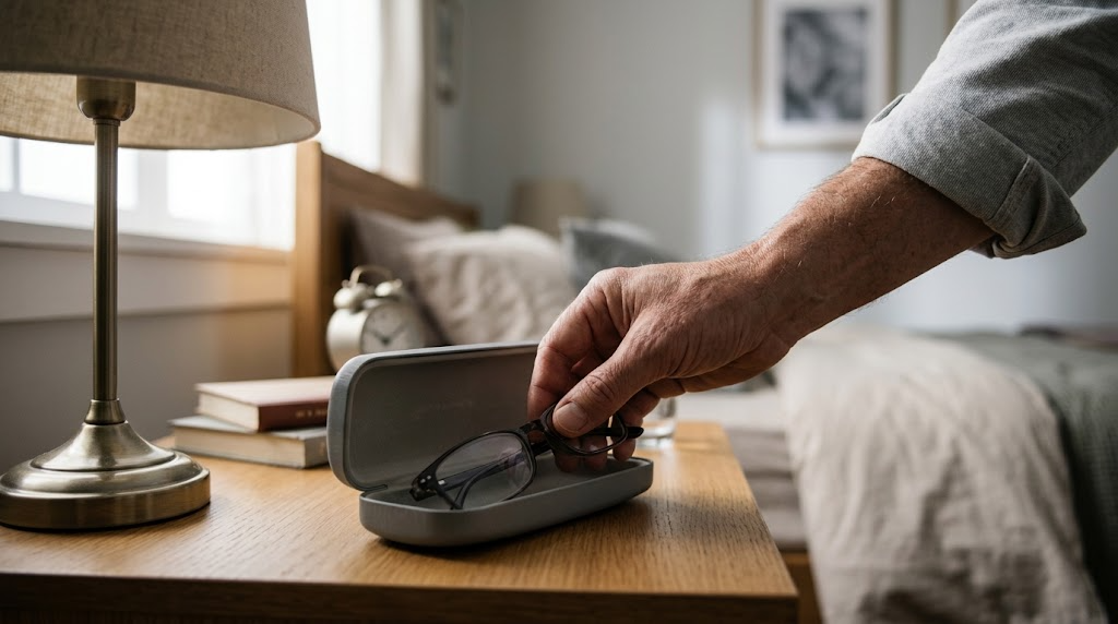 Main rangeant des lunettes de vue dans leur étui rigide de protection posé sur une table de chevet