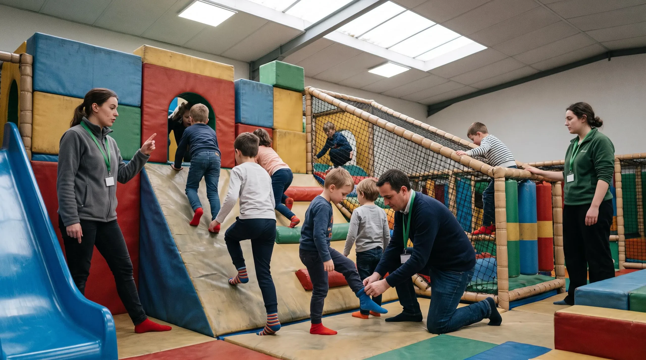 Trois adultes surveillent un groupe d'enfants jouant sur une structure gonflable et en mousse dans un parc indoor.