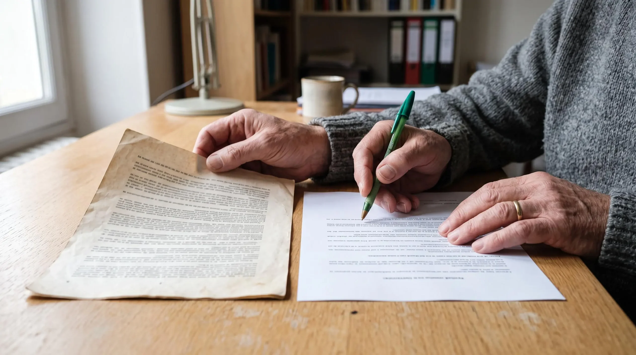 Un homme compare sur son bureau une ancienne clause bénéficiaire imprimée avec une version révisée, un stylo à la main.
