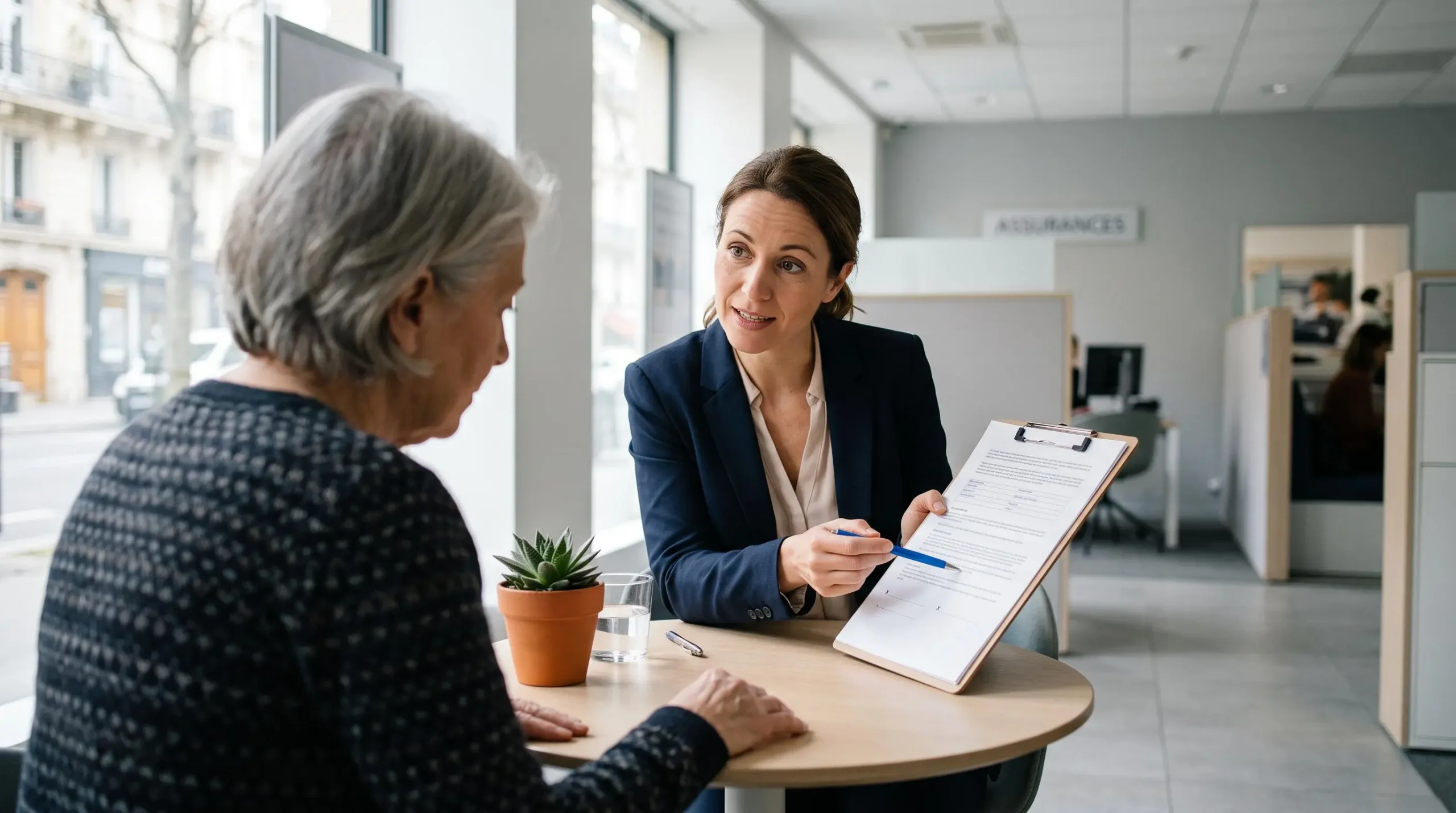 Une conseillère financière pointe une ligne d'un contrat d'assurance vie devant sa cliente assise en face d'elle.