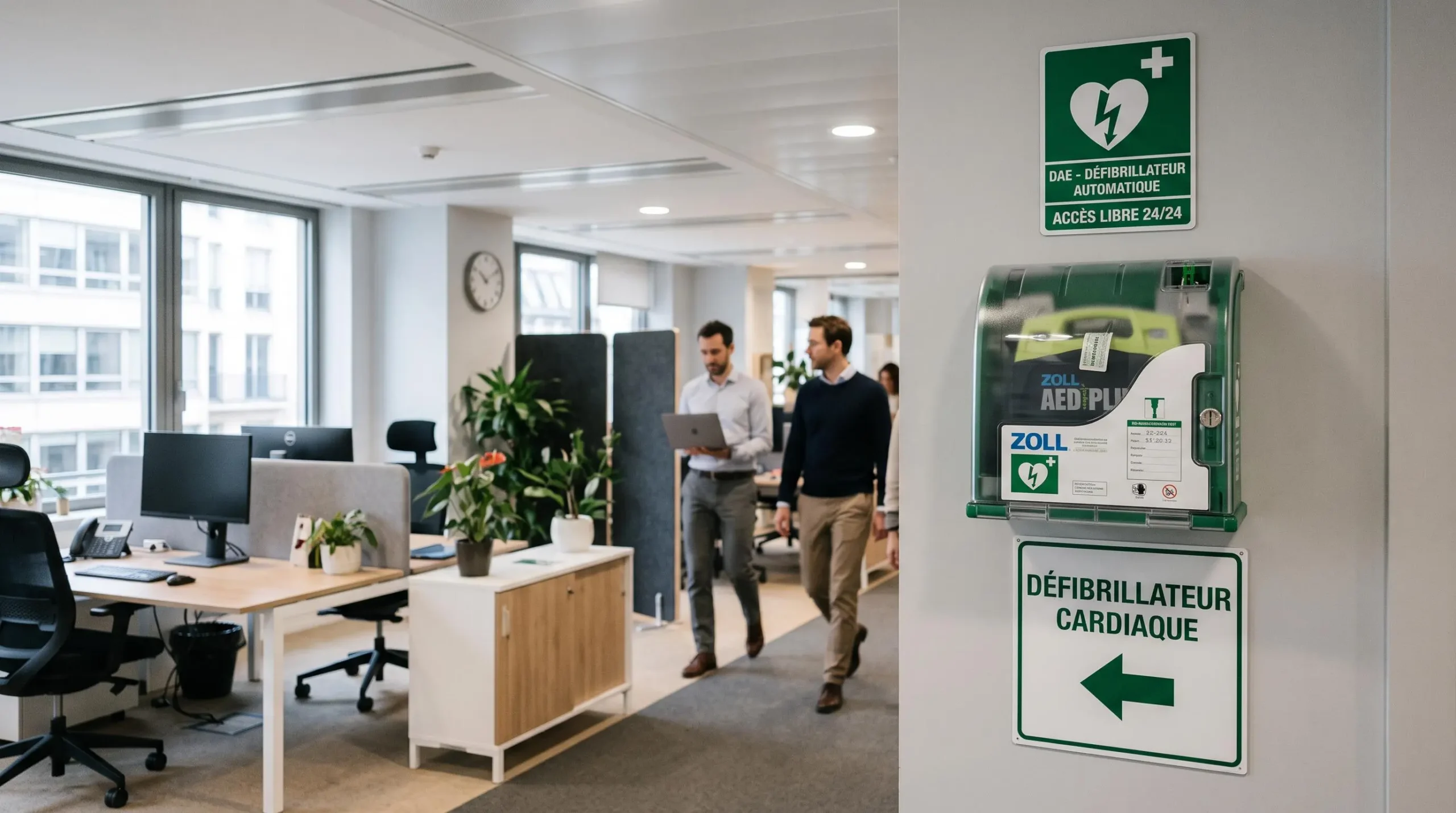 Défibrillateur automatisé externe installé dans un espace de travail moderne avec signalétique réglementaire française visible