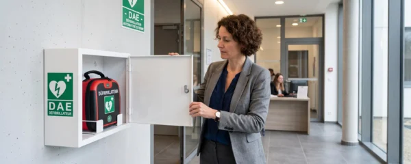 Responsable sécurité inspectant un défibrillateur automatisé externe installé dans son boîtier mural dans le hall d'un établissement professionnel français