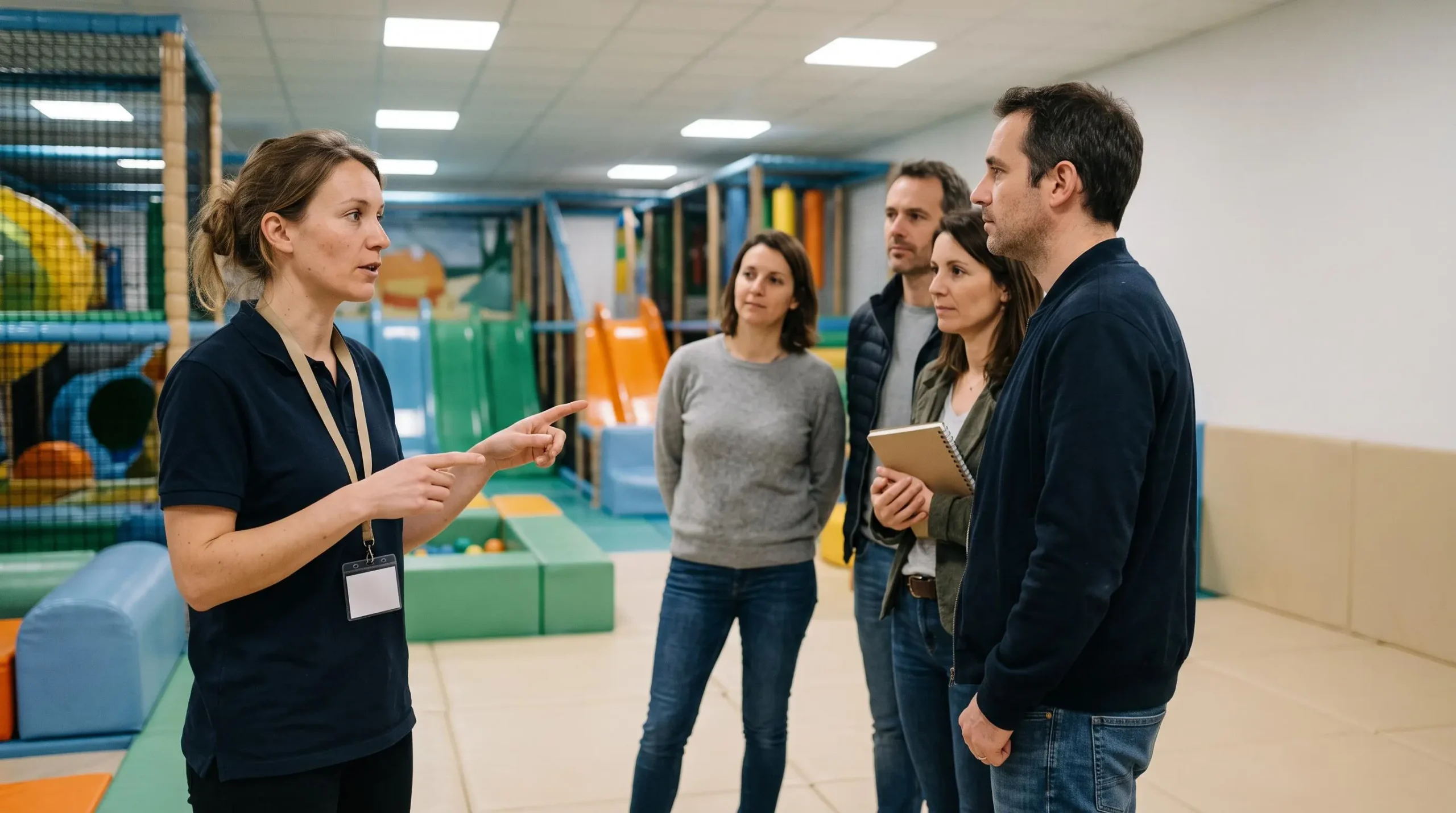 Une employée de parc indoor explique les règles de sécurité à quatre adultes avant une fête d'anniversaire d'enfants.