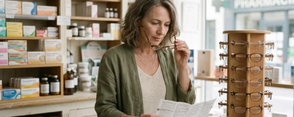 Une femme essaye des lunettes loupes de pharmacie devant une plaquette de lecture sur le comptoir.