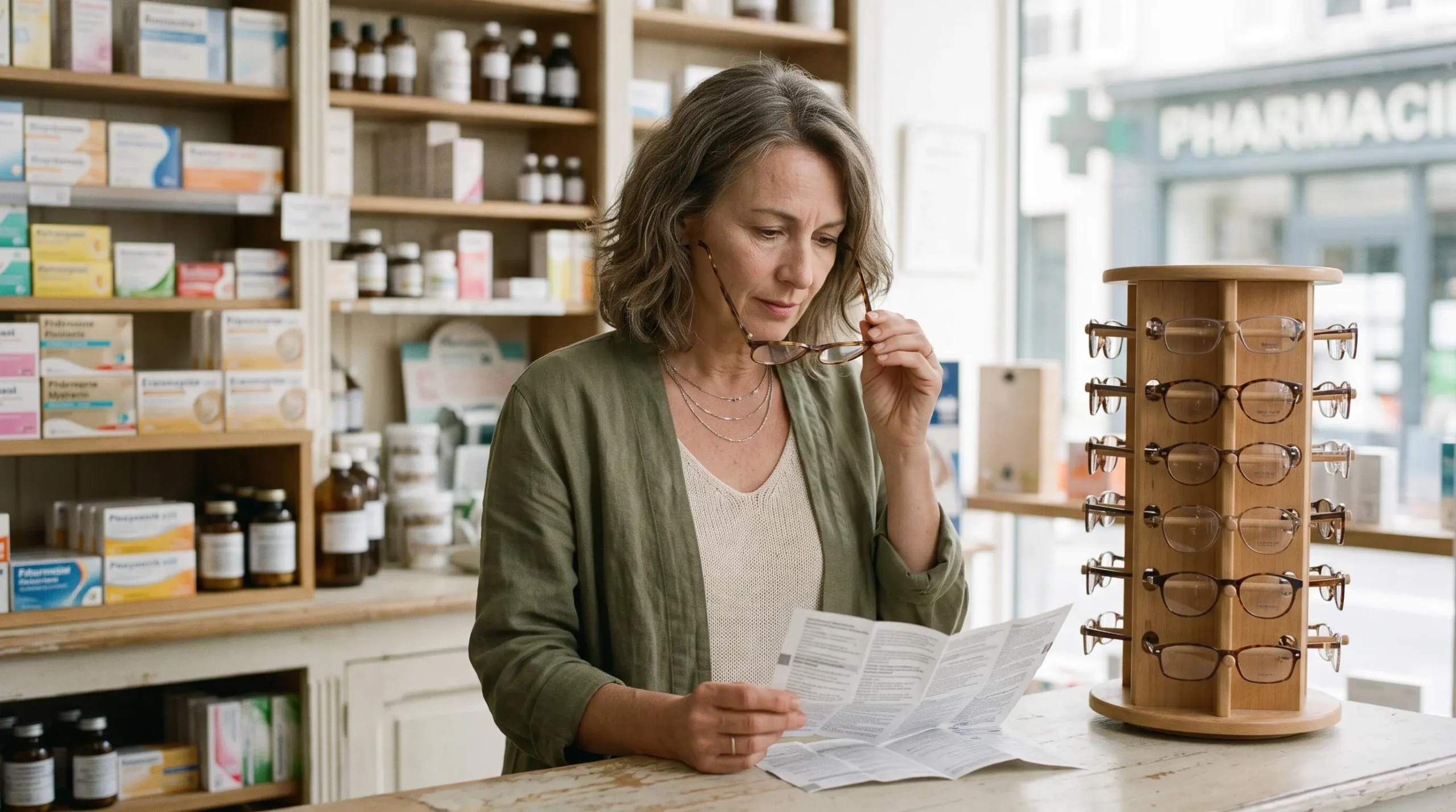 Une femme essaye des lunettes loupes de pharmacie devant une plaquette de lecture sur le comptoir.