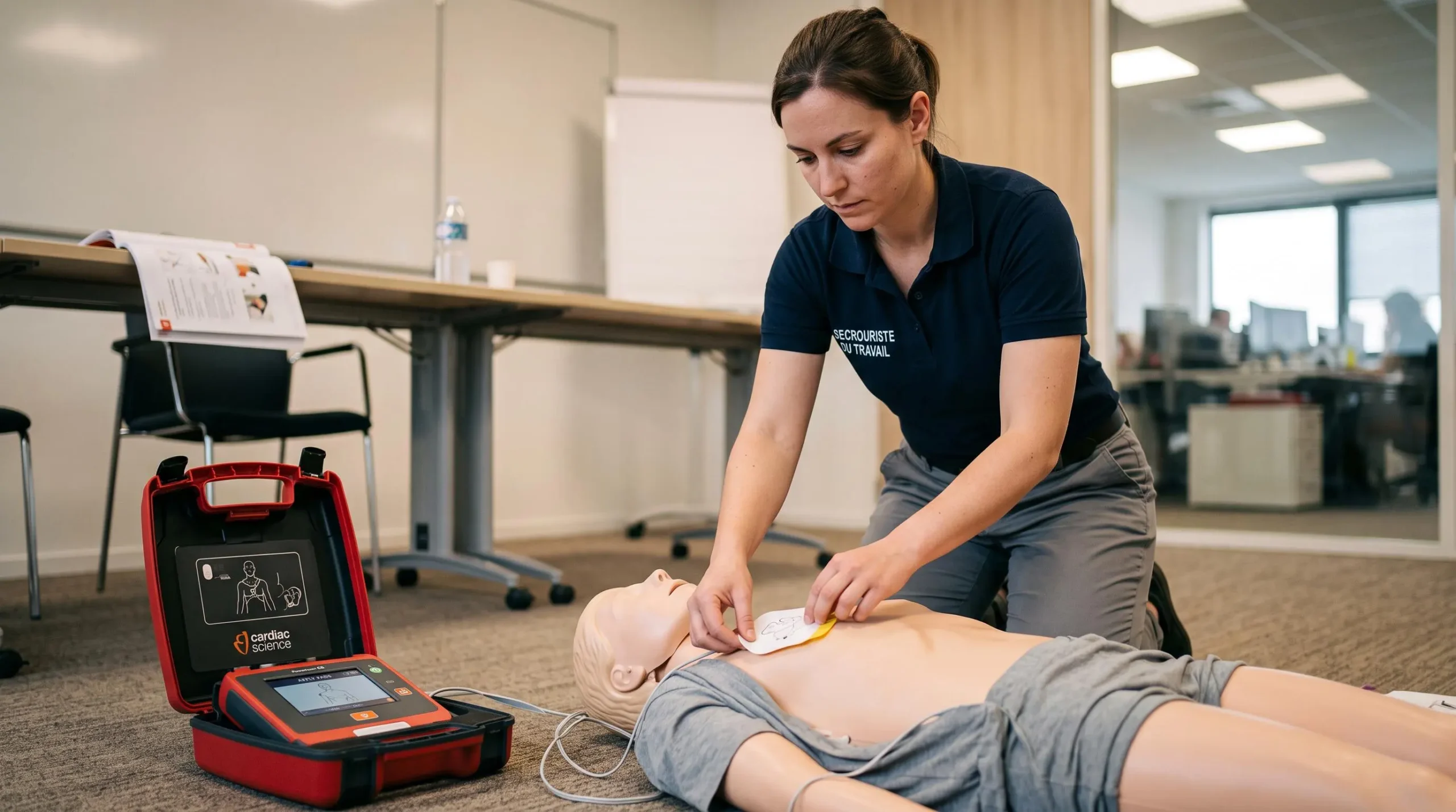 Personne en formation plaçant les électrodes d'un défibrillateur sur un mannequin de réanimation lors d'une session de formation professionnelle