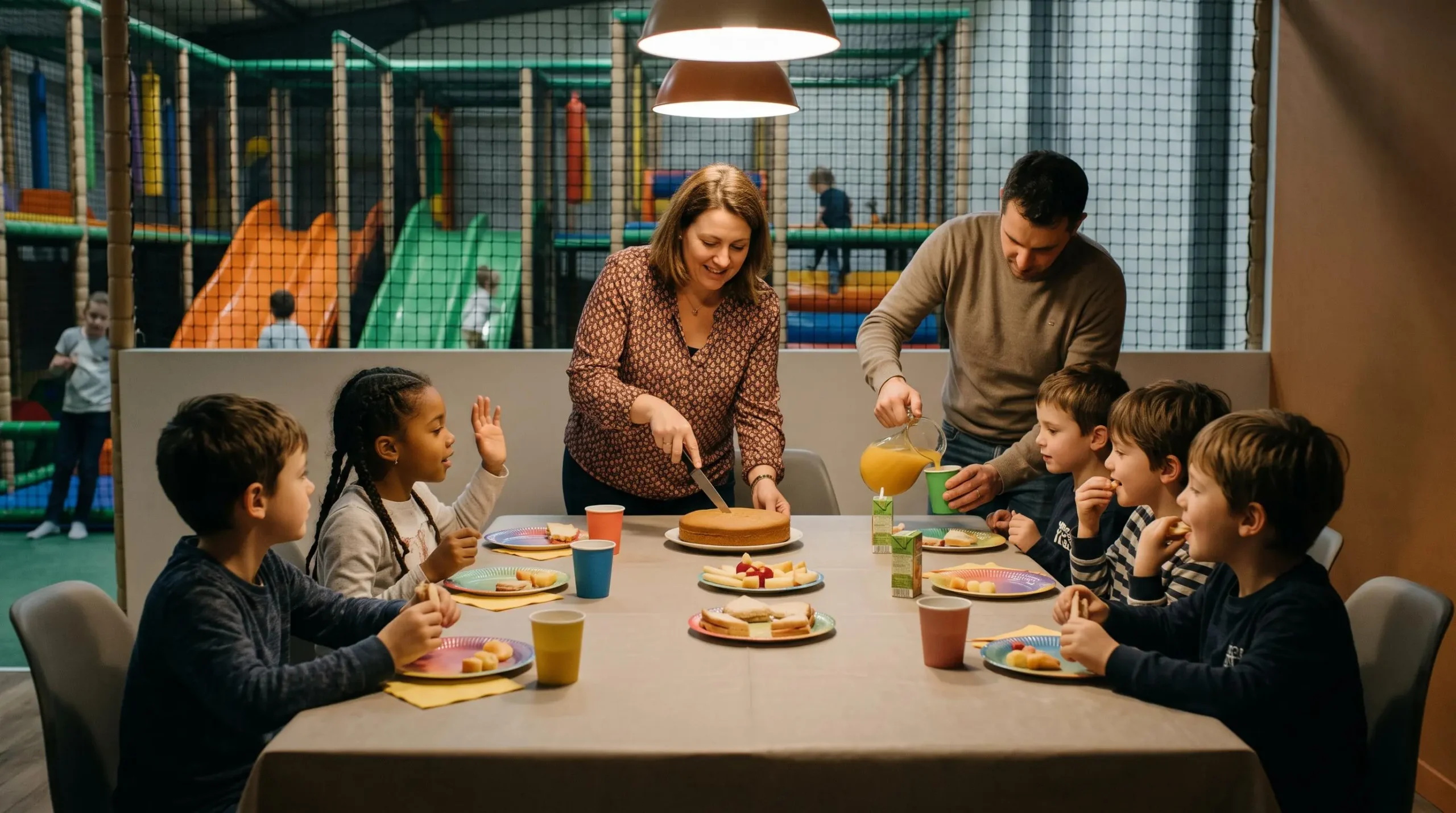 Deux adultes animent un goûter d'anniversaire autour d'une table avec six enfants dans une salle dédiée d'un parc indoor.