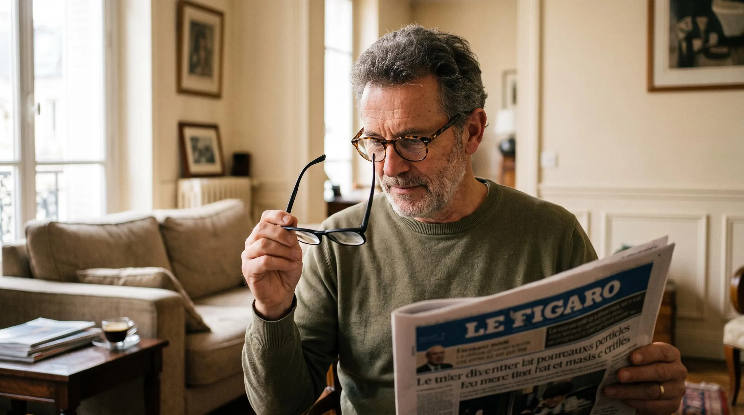 Un homme assis dans un salon compare une paire de lunettes loupes avec ses verres progressifs en lisant un journal.