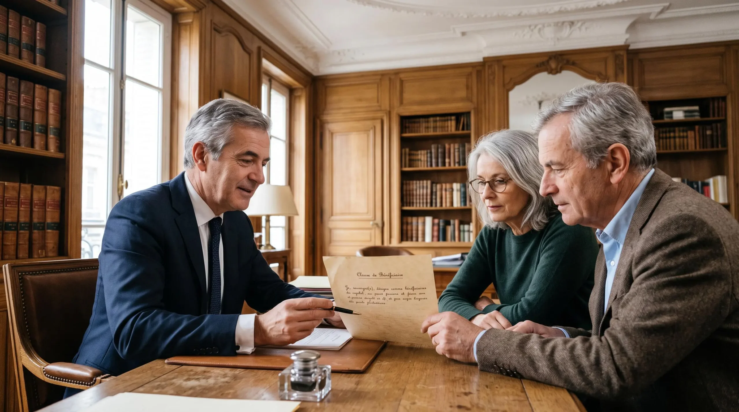 Un notaire explique une clause bénéficiaire rédigée sur papier à un couple assis en face de lui dans son étude.