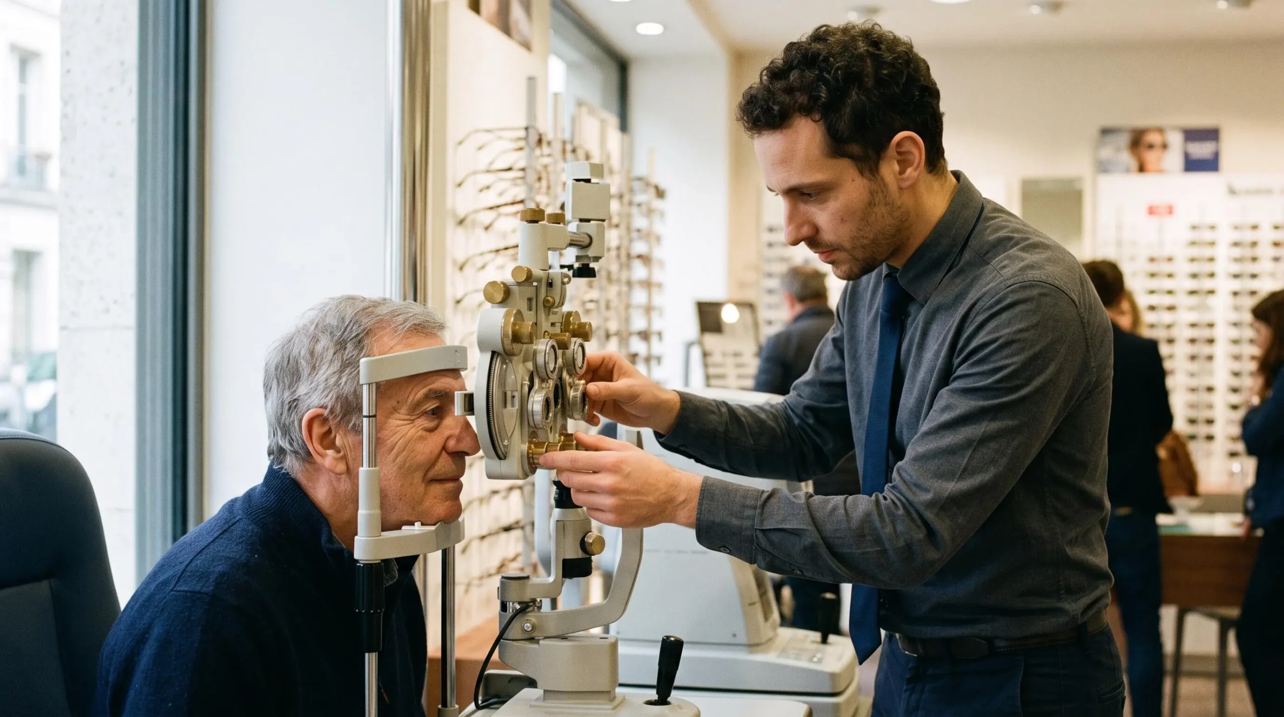 Un opticien règle un frontofocomètre pour mesurer la vue d'un client assis dans un magasin d'optique.