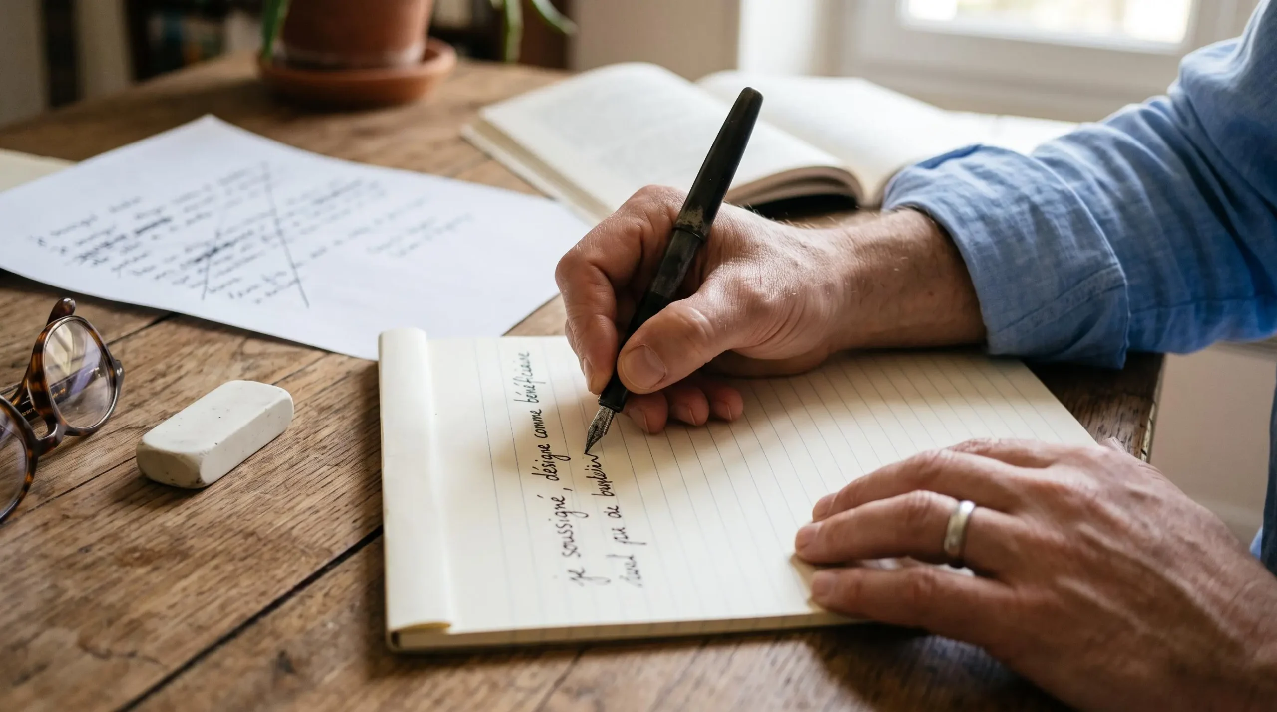 Des mains rédigent à la main une clause bénéficiaire sur une feuille de papier posée sur un bureau en bois.