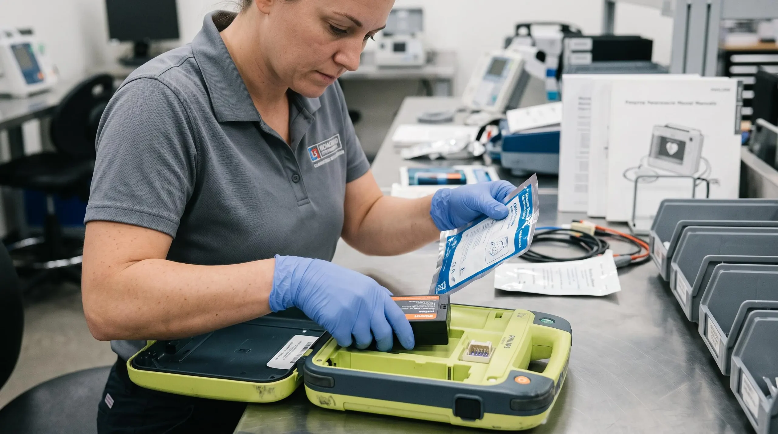 Technicien remplaçant les électrodes et la batterie d'un défibrillateur professionnel sur un plan de travail