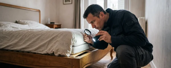 Technicien en tenue de travail inspectant les coutures d'un matelas avec une lampe torche dans une chambre après traitement.