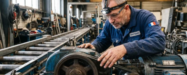 Un technicien inspecte une courroie Poly-V sur un moteur d'atelier.
