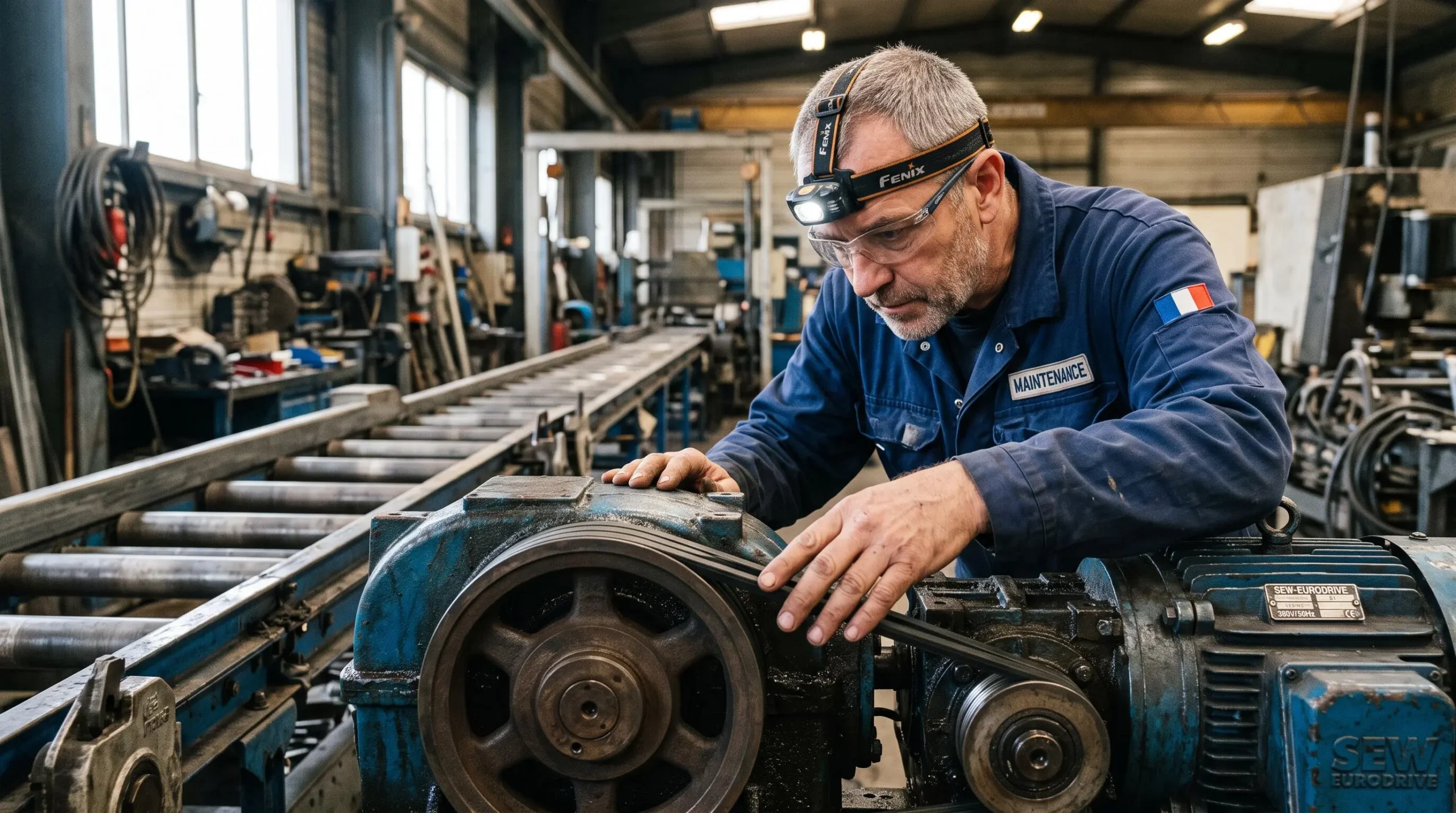 Un technicien inspecte une courroie Poly-V sur un moteur d'atelier.